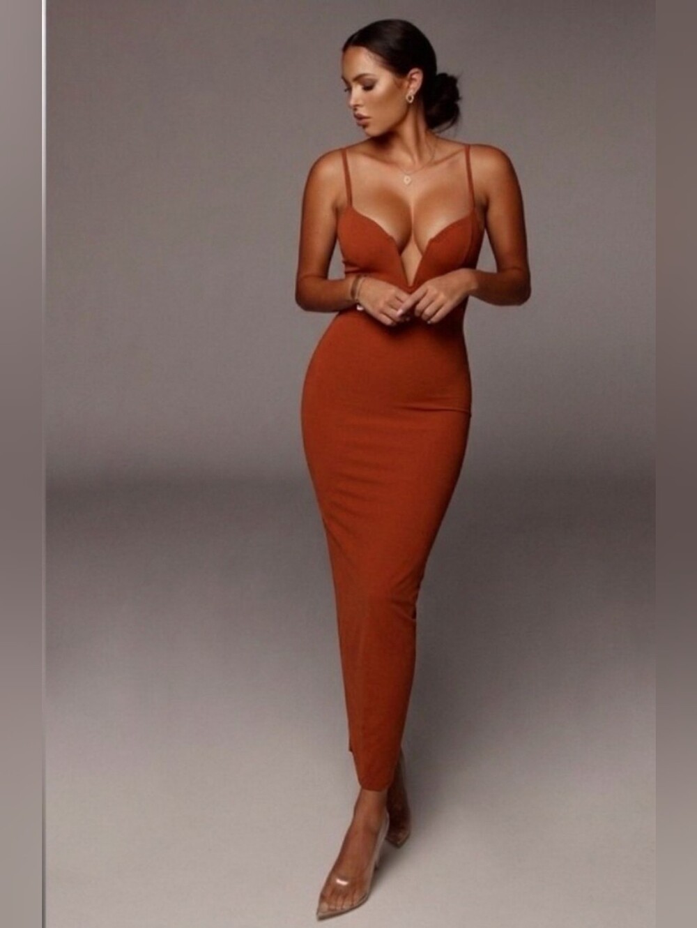 JLUXLABEL | Bodycon Midi Dress Size S In Rust Orange
